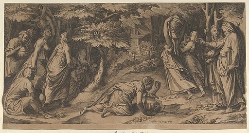 The Israelites fleeing Egypt with Moses at right extending his right hand and with a woman carrying an urn prostrate before him