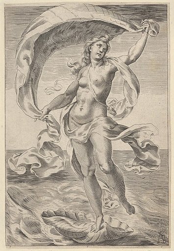 Venus on a half-shell, holding fabric over her head