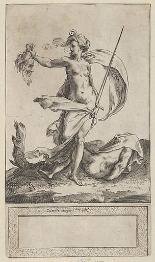 Judith with the Head of Holofernes, standing nude in a barren landscape
