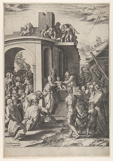 The Adoration of the Magi with the Virgin, Christ Child, and Joseph at center, set against architectural details