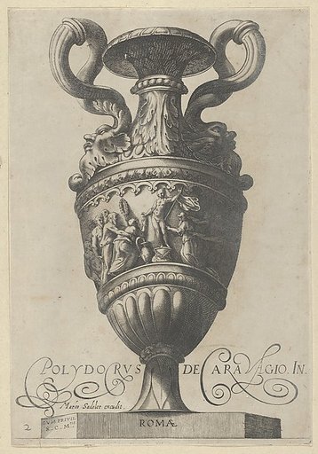 Plate 2: Two-handled vase with a nude figure on a pedestal at center, from "Antique Vases" (Vasa a Polydoro Caravagino)