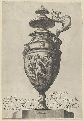 Plate 10: Lidded Vase With a Handle in the Shape of a Griffin and A Frieze With Draped Dancing Figures, from "Antique Vases" (Vasa a Polydoro Caravagino)
