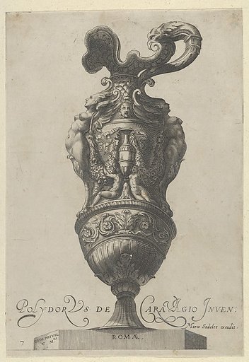 Plate 7: Vase or Ewer Decorated With a Vase Flanked by Putti and Two Large Female figures whose legs morph into griffin claws, from "Antique Vases" (Vasa a Polydoro Caravagino)