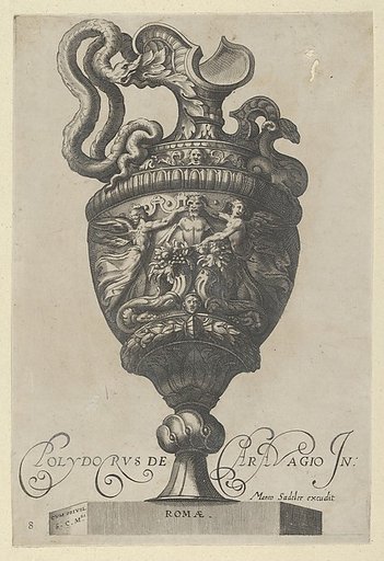 Plate 8: Vase or Ewer Decorated with a Satyr Figure, Behind Two Cornucopias, and Two Winged Victory Figures, from "Antique Vases" (Vasa a Polydoro Caravagino)