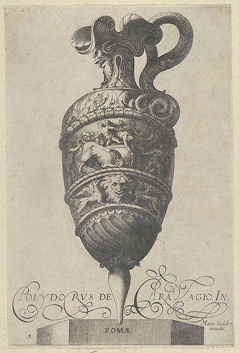 Plate 5: Vase or Ewer with a Double Frieze, the Top shows Men Wrestling a Bull, the Bottom contains a Mask and Two Griffins, from "Antique Vases" (Vasa a Polydoro Caravagino)