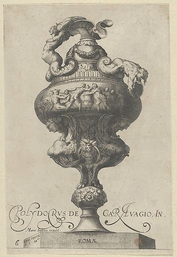 Plate 6: Vase or Ewer with a Frieze Containing Naked Figures, Supported Below by Two Female Sphinxes, from "Antique Vases" (Vasa a Polydoro Caravagino)