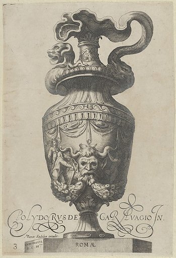 Plate 3: Vase with a satyr's mask and garlands, from "Antique Vases" (Vasa a Polydoro Caravagino)