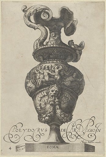 Plate 4: Vase or Ewer with a Frieze containing mermaids and centaurs, and below a lion's head with garlands and ribbons, from "Antique Vases" (Vasa a Polydoro Caravagino)