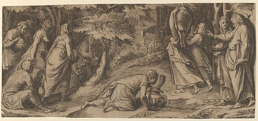 The Israelites fleeing Egypt with Moses at right extending his right hand and with a woman carrying an urn prostrate before him