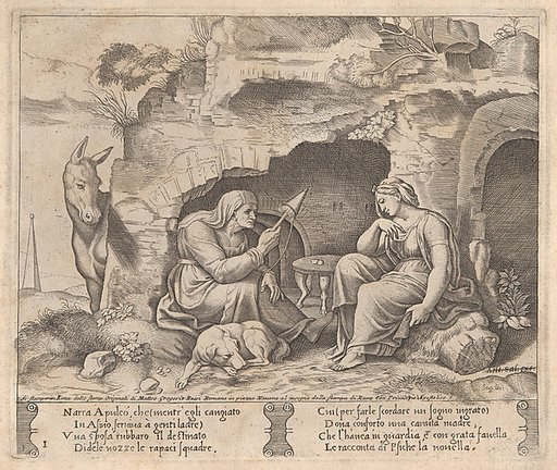 Plate 1: Apuleius changed into a donkey, listening to the story told by the old woman, from "The Story of Cupid and Psyche as told by Apuleius"