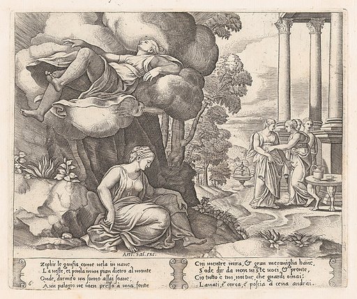 Plate 6: Zephyr carrying Psyche to an enchanted palace, from "The Story of Cupid and Psyche as told by Apuleius"