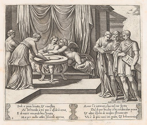 Plate 8: Psyche seated at a table attended by invisible servants, as Cupid rests his head on her shoulder, at right four men standing singing from an open book, one playing a lute, from "The Story of Cupid and Psyche as told by Apuleius"