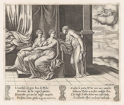 Plate 12: Psyche's sisters persuading Psyche that she has been sleeping with a serpent, from "The Story of Cupid and Psyche as told by Apuleius"