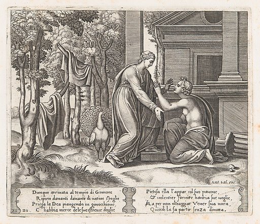 Plate 20: Juno, standing at left, sends away Psyche, who kneels before her, from "The Story of Cupid and Psyche as told by Apuleius"