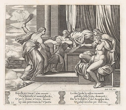 Plate 21: Female personifications of Sorrow and Pain at right punishing Psyche at the behest of Venus, who sits at right, from "The Story of Cupid and Psyche as told by Apuleius"
