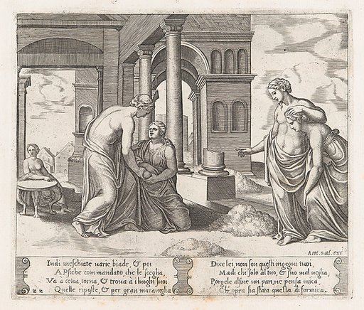 Plate 22: Venus standing at right ordering Psyche to sort a pile of grain, at left the same pair hold a loaf of bread, from "The Story of Cupid and Psyche as told by Apuleius"