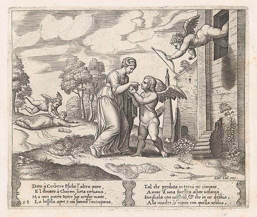 Plate 28: Psyche, wanting to appear more beautiful opens the box, as Cupid arrives in the upper right, and at left his arrow pierces Psyche, who has fallen to the ground, from "The Story of Cupid and Psyche as told by Apuleius"
