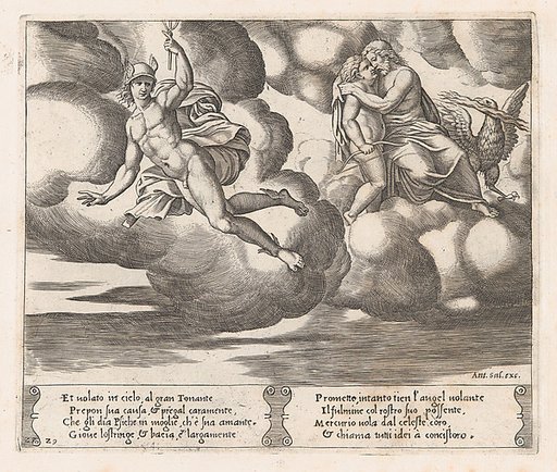 Plate 29: Cupid begging Jupiter to have mercy on Psyche with Mercury at left, from "The Story of Cupid and Psyche as told by Apuleius"