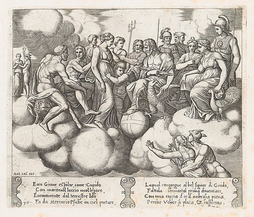 Plate 30: Venus and Cupid pleading their case before Jupiter and other Gods with Mercury transporting Psyche to the heavens at lower right, from "The Story of Cupid and Psyche as told by Apuleius"