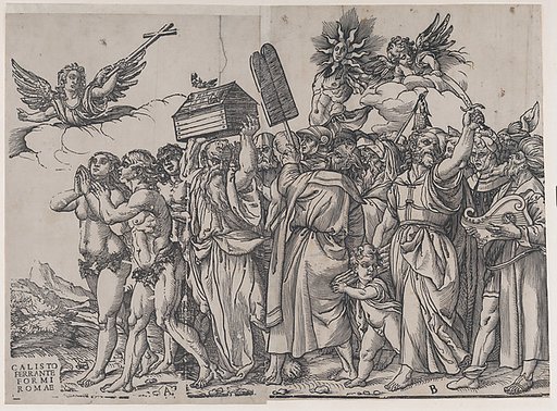 Section A: an angel holding a cross at upper left, Adam and Eve below, from "The Triumph of Christ"