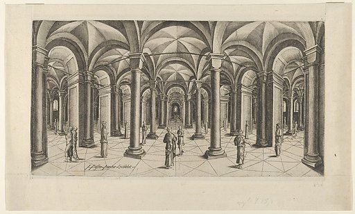 View in Fisheye perspective of a Hall with Columns and Cross Rib Vaulting