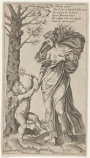 An allegory of Peace; Peace personified as a woman standing in a landscape  holding the left hand of a winged genius