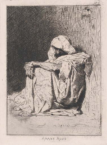 An Arabic man seated on the ground, head partly covered