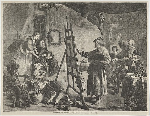 L'Atelier de Rembrandt, tableau de J. Gilbert (Rembrandt's Studio, a painting by J. Gilbert), from "L'Univers Illustré," p. 395