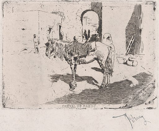A Moroccan horse standing before an arch