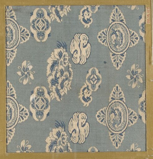 Textile fragment with scattered flowers and elliptical medallions, some with dragons