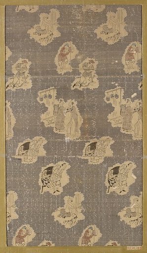 Textile fragment with repeating pattern of scattered vignettes of human figures