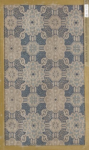 Textile fragment with repeating pattern of floral medallions in latticework on swastika-fret ground
