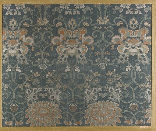 Textile fragment with repeating pattern of chrysanthemums and peonies in floral arabesque