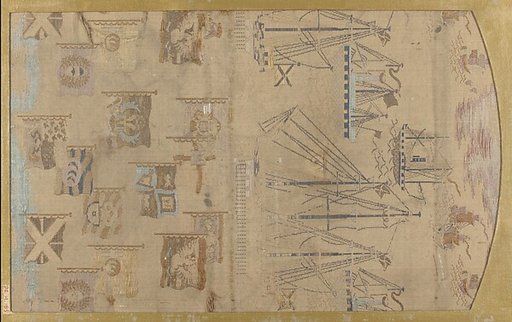 Textile fragment with pattern of ships and flags