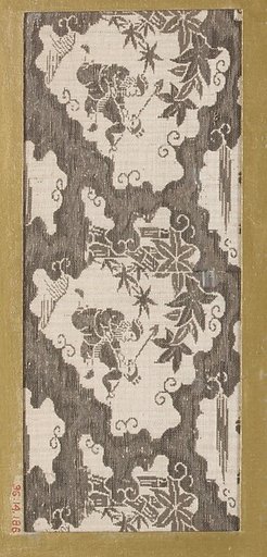 Textile fragment with repeating pattern of irregularly shaped cloud-edged vignettes containing two human figures and maple leaves