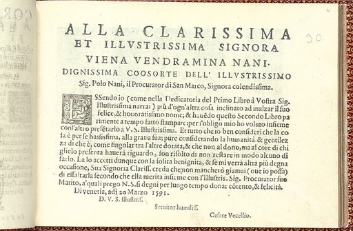 Corona delle Nobili et Virtuose Donne: Libro I-IV, page 30 (recto)