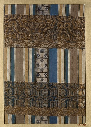Textile fragment with repeating pattern of stripes and figured bands