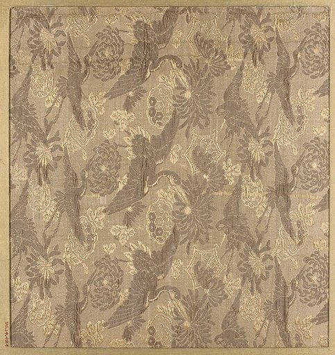 Textile fragment with repeating pattern of cranes and chrysanthemums
