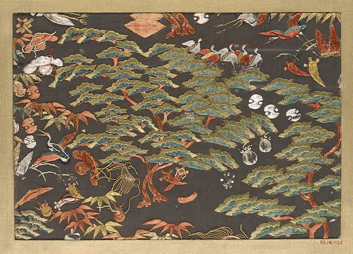Textile fragment with pattern of pine, cranes, and auspicious symbols