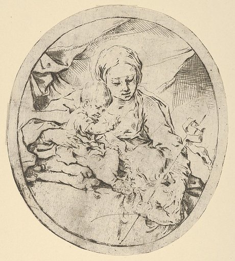 The Virgin with the infant Christ seated on a cushion and the young Saint John the Baptist at his feet, an oval composition