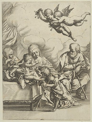 The Holy Family with young John the Baptist and Saint Elizabeth, two angels above, after Reni