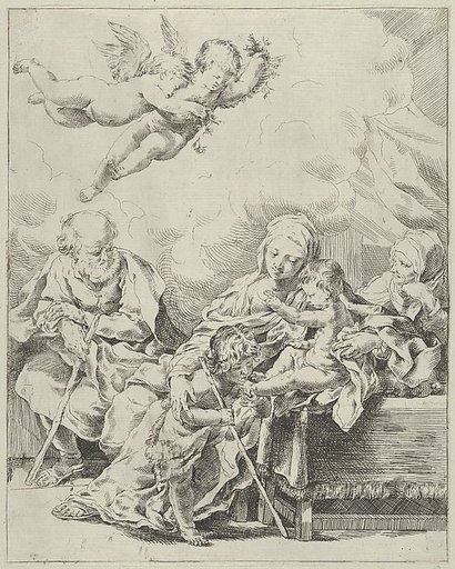 The Holy Family with young John the Baptist and Saint Elizabeth, two angels above, after Reni
