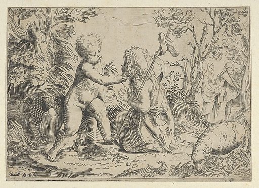 Young Saint John the Baptist kneeling before the infant Christ who caresses his face, the Virgin and Joseph in the background at right, after Reni