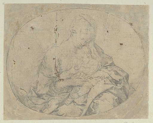 The Virgin holding the infant Christ, an oval composition, counterproof