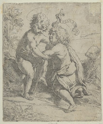 The young Saint John the Baptist kneeling before the young Christ who embraces him, a lamb at right