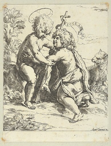 The young Saint John the Baptist kneeling before the young Christ who embraces him, a lamb at right, after Reni