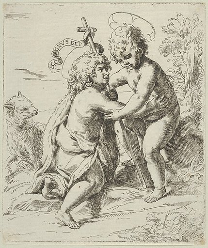 The young Saint John the Baptist kneeling before the young Christ who embraces him, a lamb at left, after Reni
