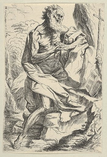 Saint Jerome kneeling on a rock in front of a cross and an open book facing right, after Reni