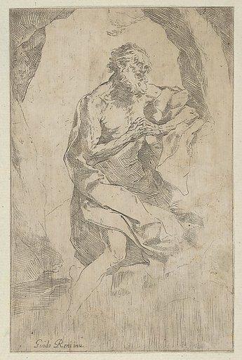Saint Jerome kneeling on a rock in front of a cross and an open book facing right, after Reni