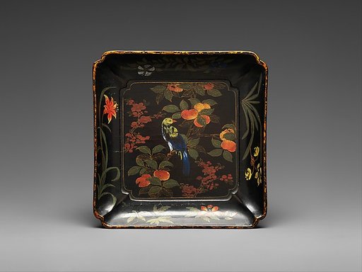 Dish with persimmons, flowers, and birds
